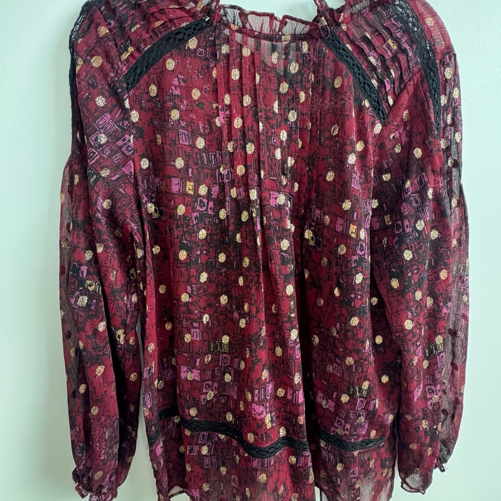 Anthropologie Red Long Sleeve Pleated Blouse